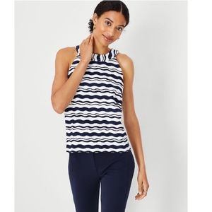 Ann Taylor Blue & White Wave Print Button Back Tank Top
